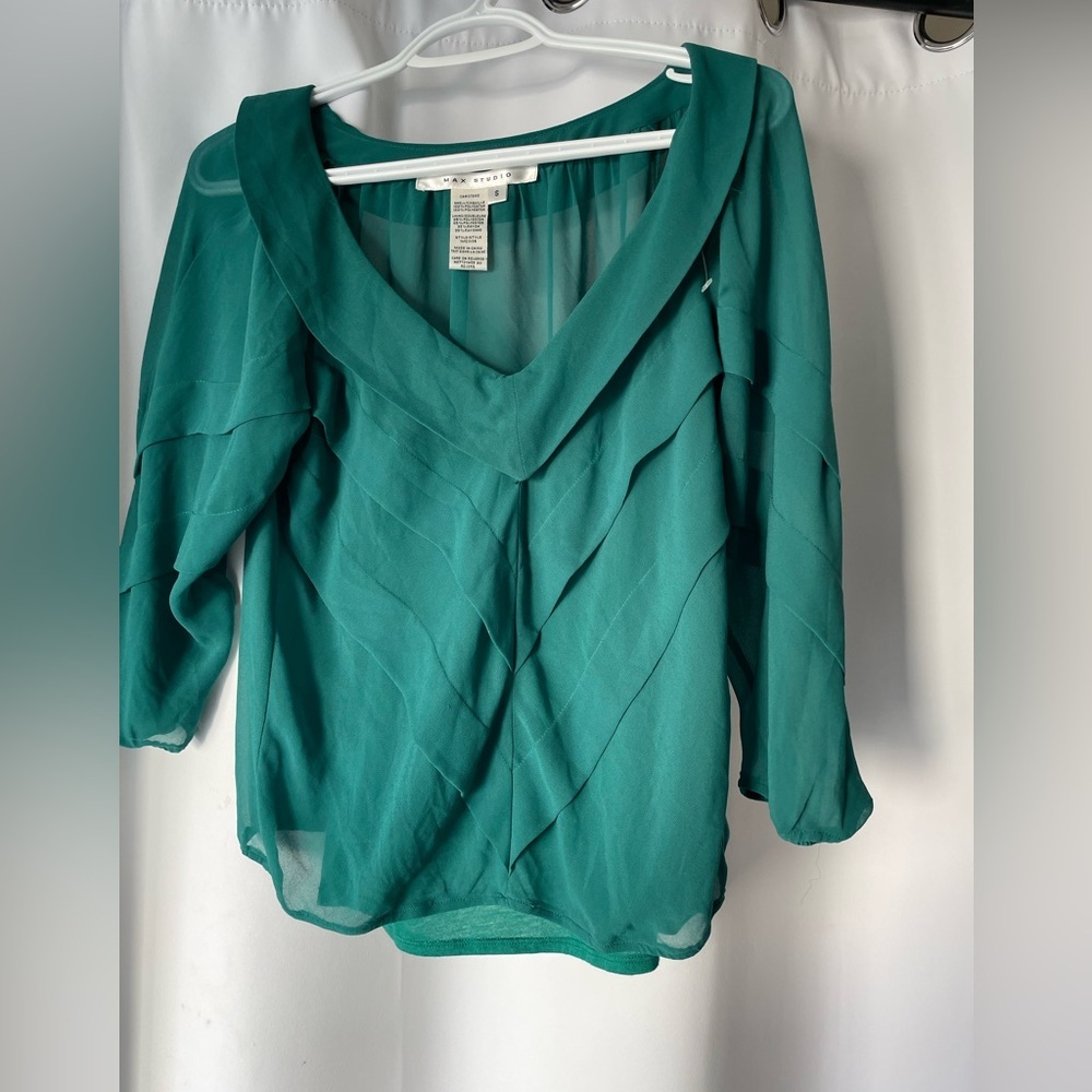Max Studio dark Teal V-Neck Blouse size small ruffles NWOT